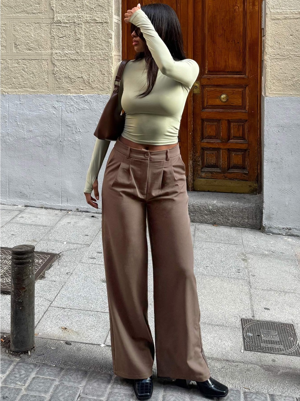 Princess Polly Archer Wide-Leg Pleated Dress Pants Brown